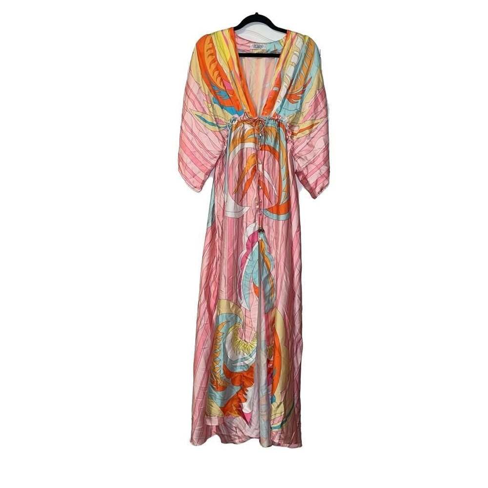 Ms. Bling Women's Tropical Print V-Neck Button-Front Maxi Beach Dress
